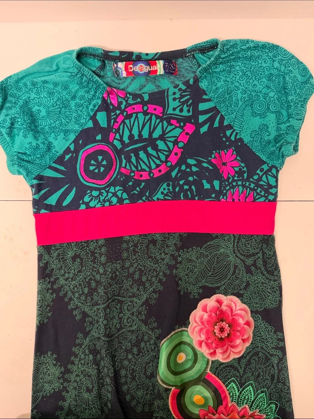 Desigual Girls Teal, Pink & Navy Floral Graphic Abstract Print Dress Size 7/8